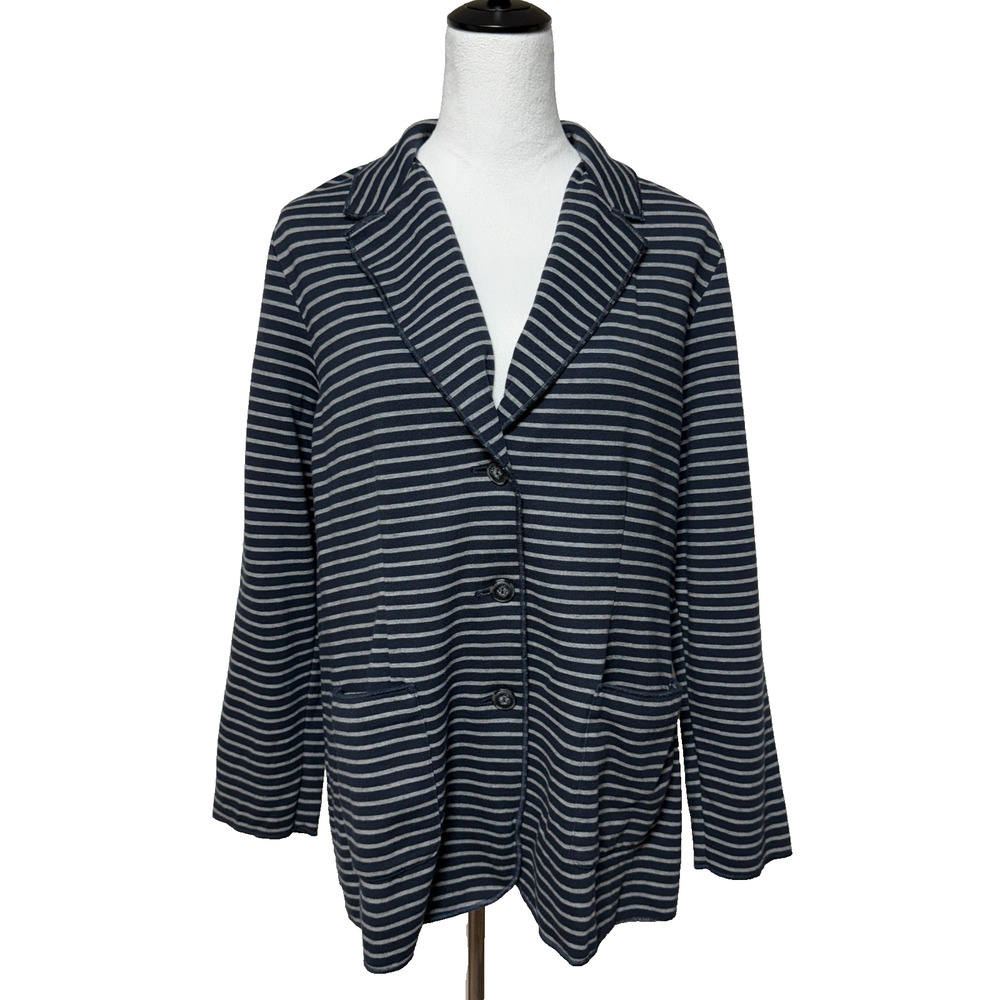 J Jill Blazer Jacket Women Large Blue Gray Striped Jersey Knit Button Up Career‎